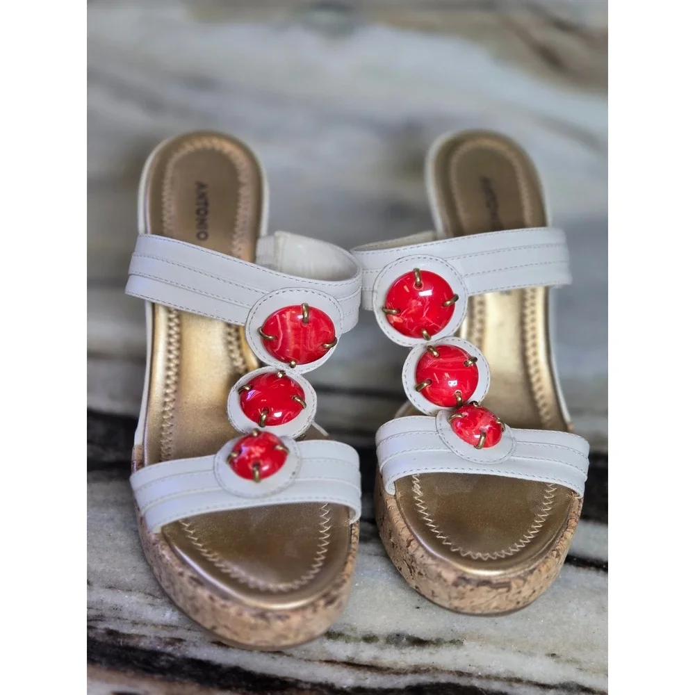 Antonio Melani Jisele White Leather Red Stone Cork Wedge Sandals 6M Brazil